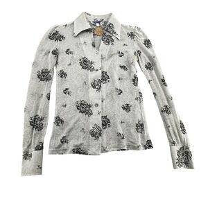 Vintage LeRoy Knitwear Silver Lurex Floral Disco Shirt Dagger Collar Womens M
